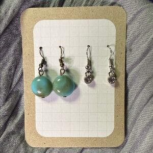 🧚🏻‍♀️ Turquoise Color & Clear Crystal Drop Earrings Set (2 Pairs) NWOT